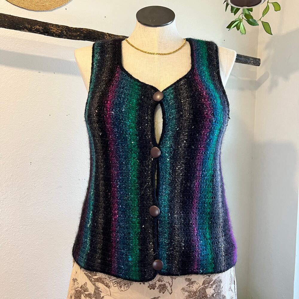 Handmade Wool Woven Rainbow Multi Colored Button Front Sweater Vest Size Large